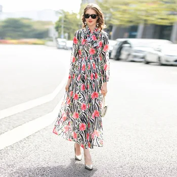 

Leopard Flower Print Dresses Chiffon Woman Vacation Elegant Silk Scarf Womens Dress Spring Summer High Street Dress