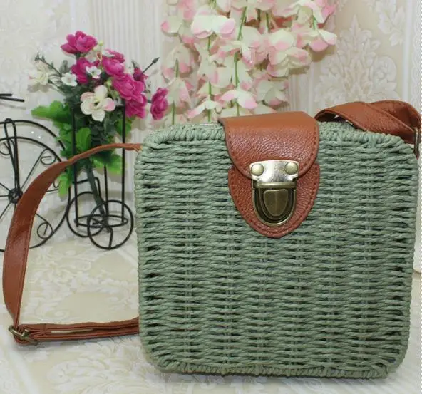 Женская Плетеная соломенная сумка из ротанга для девочек квадратная сумка кошелек через плечо пляжные летние сумки - Цвет: Зеленый