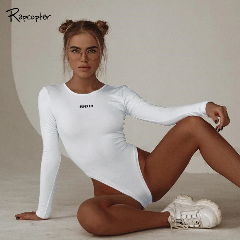 

Rapcopter Basic Solid Hollow Out Women Bodycon Jumpsuits Letter Embroidery Sexy White Autumn Bodysuit Long Sleeve O-neck Rompers