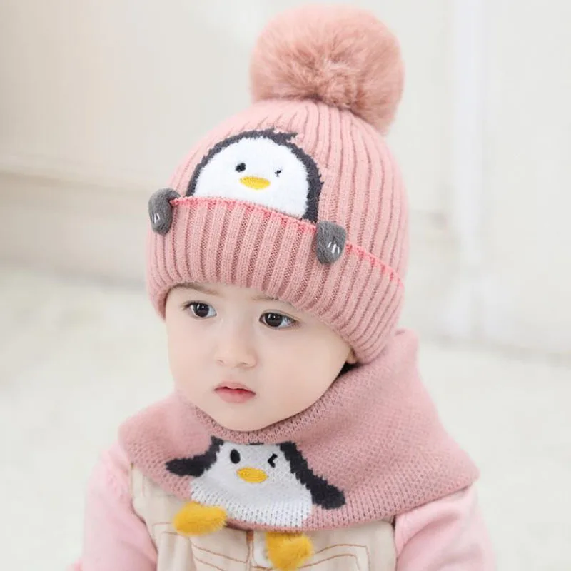 1 to 4 Years Old Bkids Beanie Sets Cute Penguin 2 pcs Boys Girls Winter Villus Hat Scarf Set
