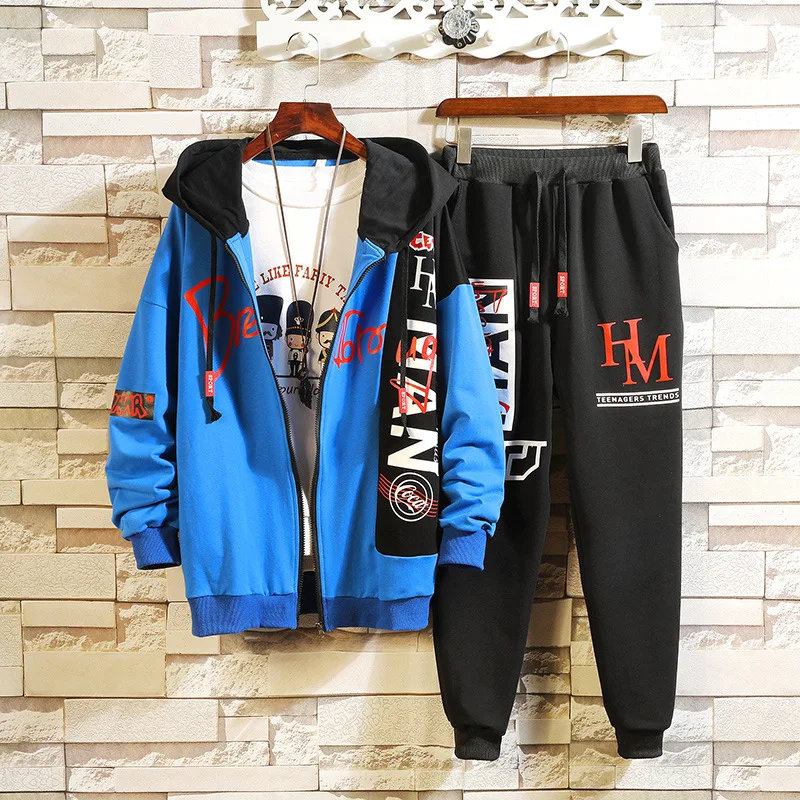 

2019 New Style Leisure Suit Men's Korean-style Fashion Printed Teenager Loose-Fit Hooded Long-sleeved Sweater Two-Piece Set Fash