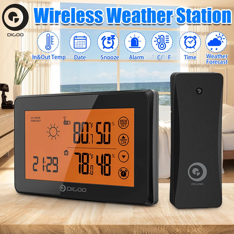 Koop Digoo Digitale Touch Lcd Draadloze Indoor Weerstation + Outdoor Sensor Snooze Wekker 3CH Forecast Hygrometer Thermometer