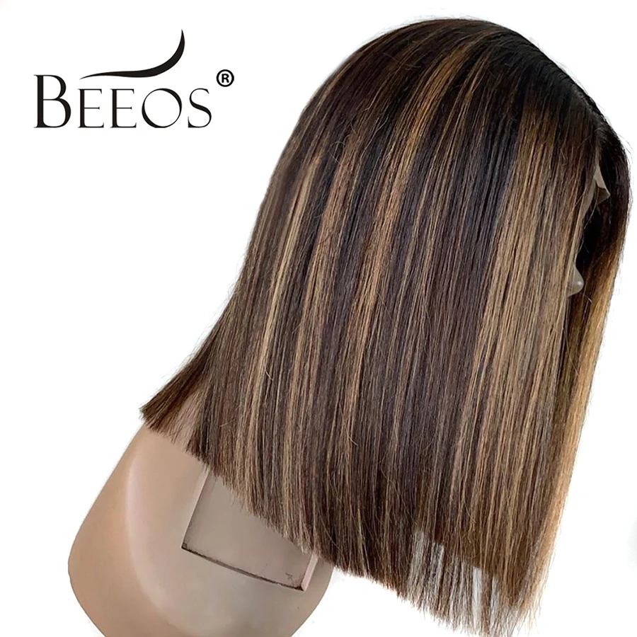 

13*6 Deep Part Lace Front Human Hair Wig Straight Short Bob Highlight Color Hair Pre Plucked Hair Line Brazilian Remy Hair