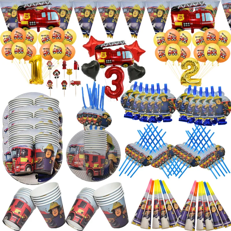 Vajilla desechable de bombero Sam para fiesta de bienvenida para el futuro bebé niños, suministros de fiesta, platos y vasos de papel, camión de bomberos, globo de número, fiesta de cumpleaños para niños