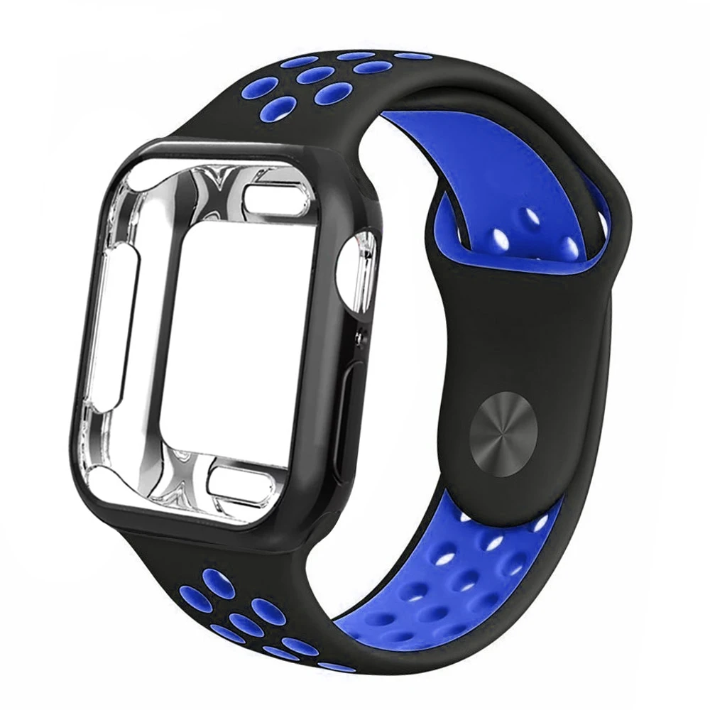 Black with blue Чехол+ ремешок для apple Watch 5 ремешок 42 мм 38 мм 40 мм 44 мм спортивный силиконовый браслет для apple iwatch series 5 4 3 2 1 Аксессуары - Цвет ремешка: Black with blue
