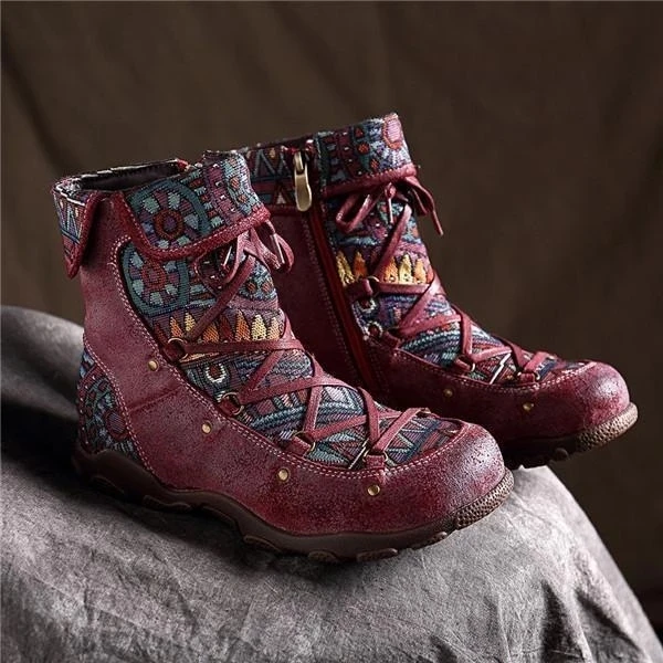 New Winter Women Boots Retro warm Leisure Embroidery Stitching lace up Ankle cross-tied Comfortable women shoes Flat Shoes |