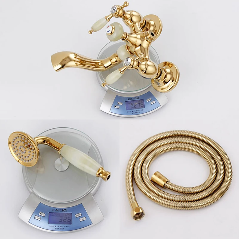 Wall Mounted Gold Bath Shower Faucet Bathtub Faucet With Hand Shower Jade Handle Dual Handle Hot and Cold Water Mixer ML3321
