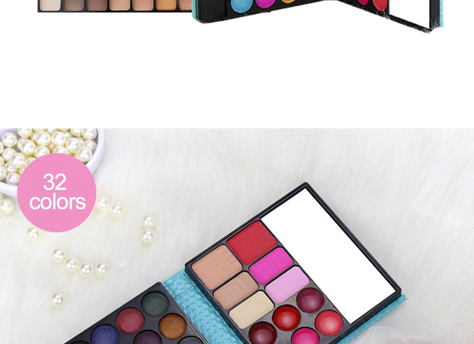 32 Colours Makeup Palette Glitter Eyeshadow Palette Lipstick Pressed Powder Blush Brush Mirror Set Cosmetics Lasting-Effect Eye