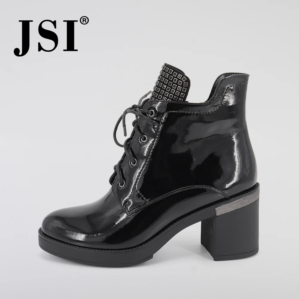 Tanie JSI buty damskie zimowe sznurowane prawdziwej skóry połowy łydki buty z zaokrąglonym czubkiem kwadratowy obcas szpilki ręcznie solidne buty damskie JC343