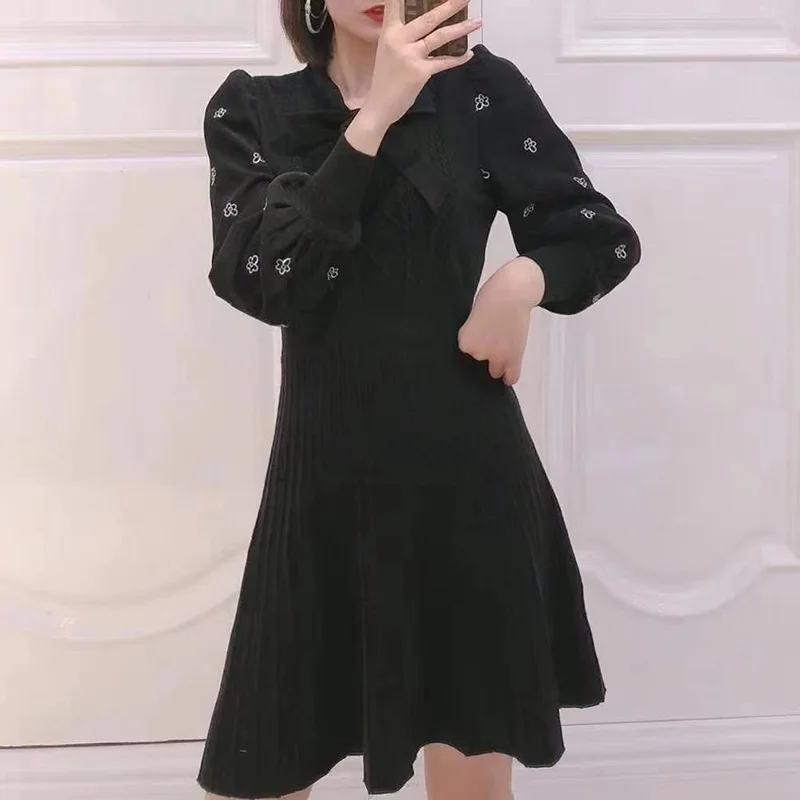 Dresses Women Spring/Autumn Fashion New Elegant Splicing Solid Color Long Sleeve Dress Bow-knot Black Woman Dress