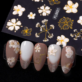 

1 Sheet 3D Nail Sticker Butterfly Flower Nail Decals Summer Gold White Gilding Pattern Sticker DIY Nail Art Decorarion