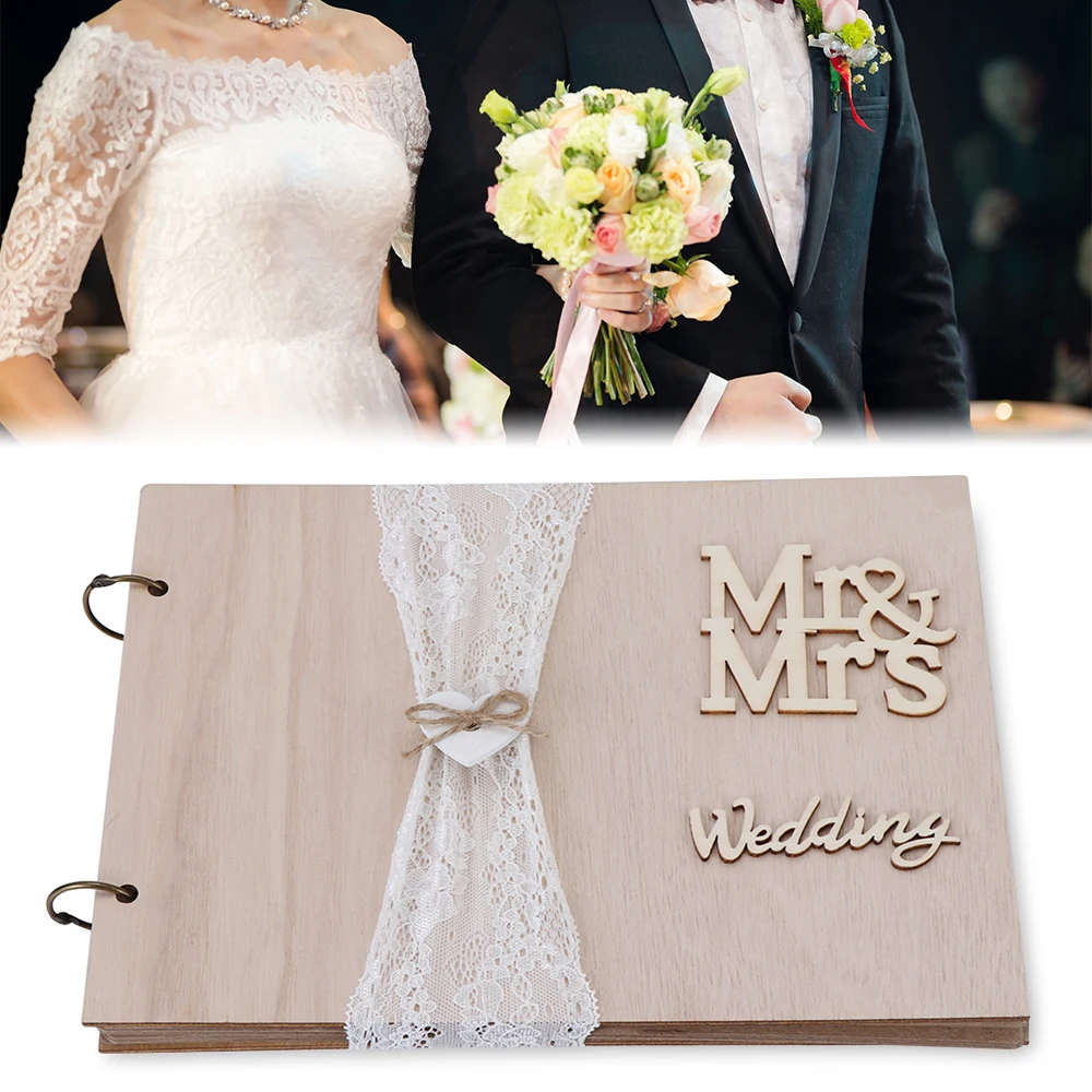 Personalised Wedding Guest Book Scrapbook Album Wooden Rustic Hearts 40 PAGES 