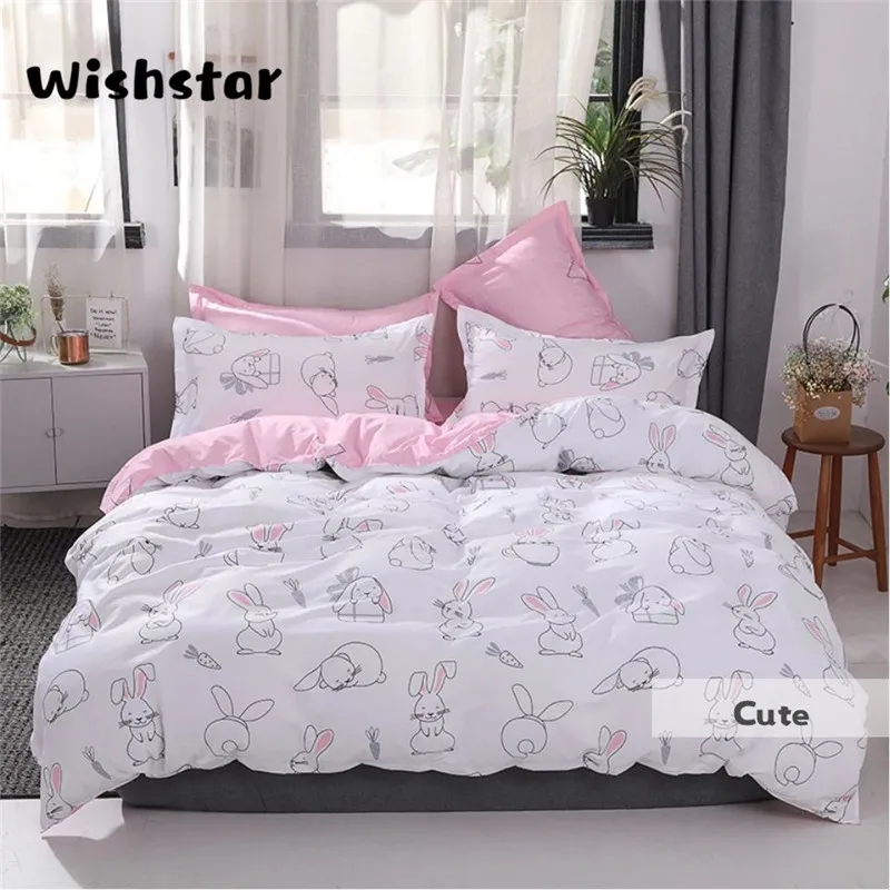 Cartoon Rabbit Cute Queen Bedding Set White Pink Printed Bed Linen For Children Girl Double Bed Quilt Cover Bed Sheet Pillowcase