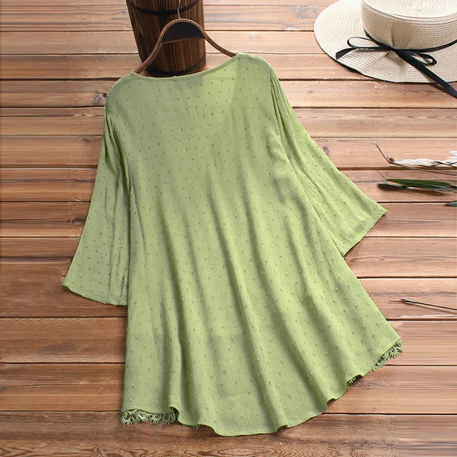 2023 Women Blouse Large Women Vintage Long Sleeve Lace V-Neck Button Top Blouse Office Work Shirts Blusas Para Mujer 2