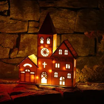 

LED Christmas Church Glowing Ornaments Light Wooden House Night Light Mini Creative Cute Woody Wood Color Multi Pattern