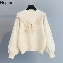 Neploe Pull Femme, кружевной лоскутный свитер для женщин, корейская мода, галстук-бабочка, новинка, Pull Jumpers, женские пуловеры с круглым вырезом и длинным рукавом 55593