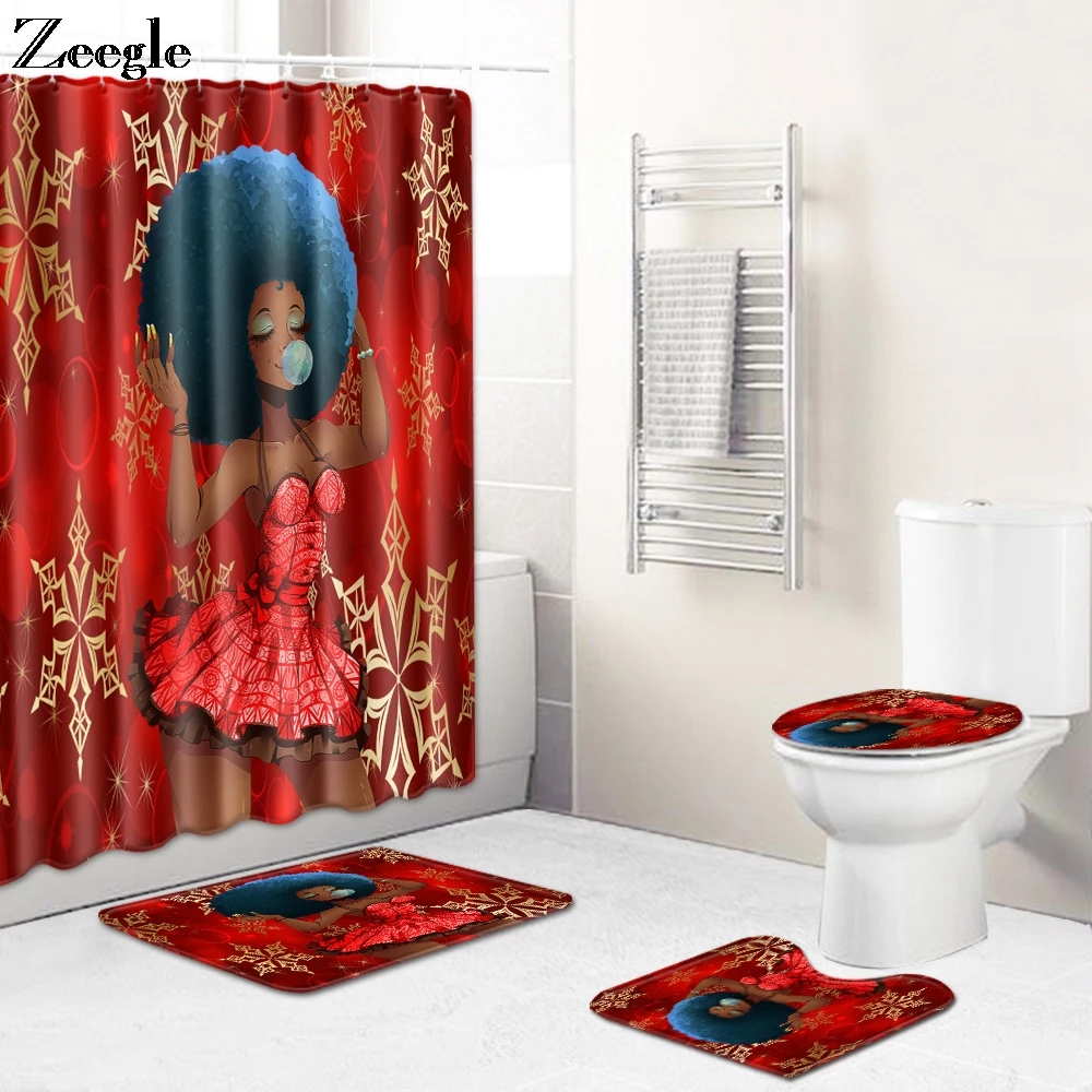 Zeegle 4pcs Bath Mat Set Christmas Bathroom Mat Modern Bath Mat Set Waterproof Toilet Curtain Anti-slip Soft Toilet Pedestal Rug