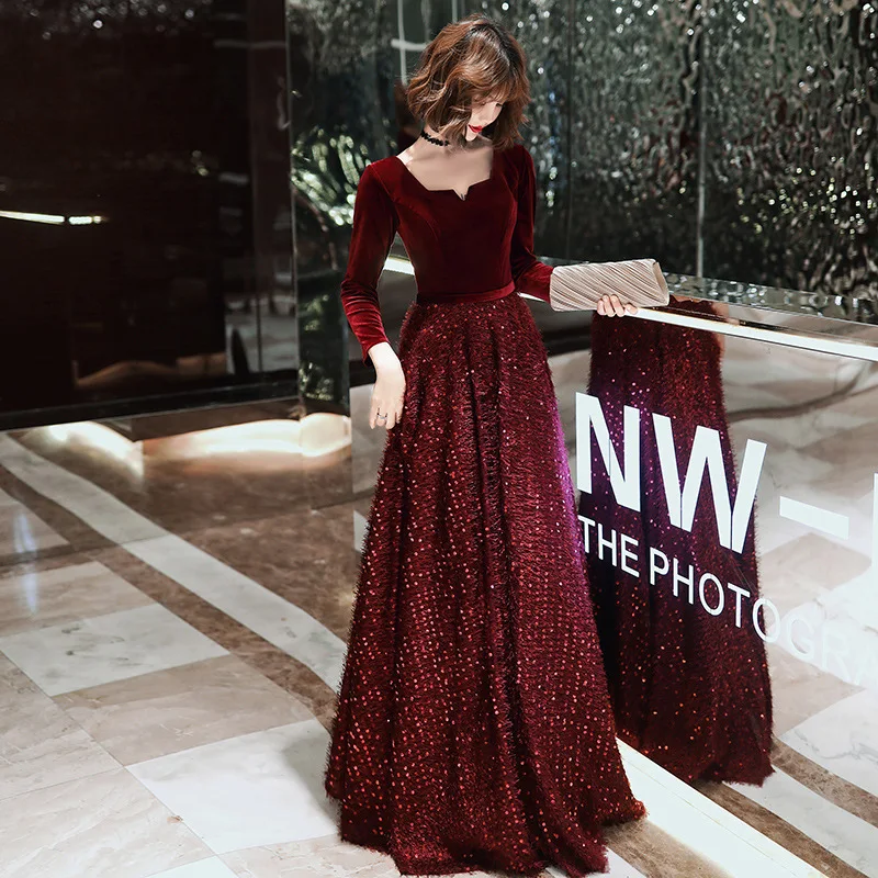 

Dress for Toast Bride 2019 New Style Long Sleeve Wine Marriage Winter Velvet Annual General Meeting Evening Gown Engagement Huim