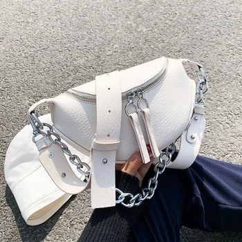 

AXUKES Silver Chain Design PU Leather Crossbody Bags For Women 2020 White Shoulder Messenger Handbags Small Chest Bag Travel