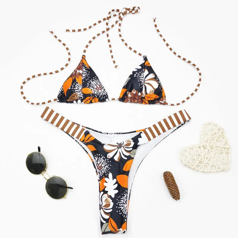 Swim CHERSHOP Micro bikini 2020 Floral Print Bikinis Sexy Bikini Set For Women Swimwear Halter Push up Bathing Suit with Padded |