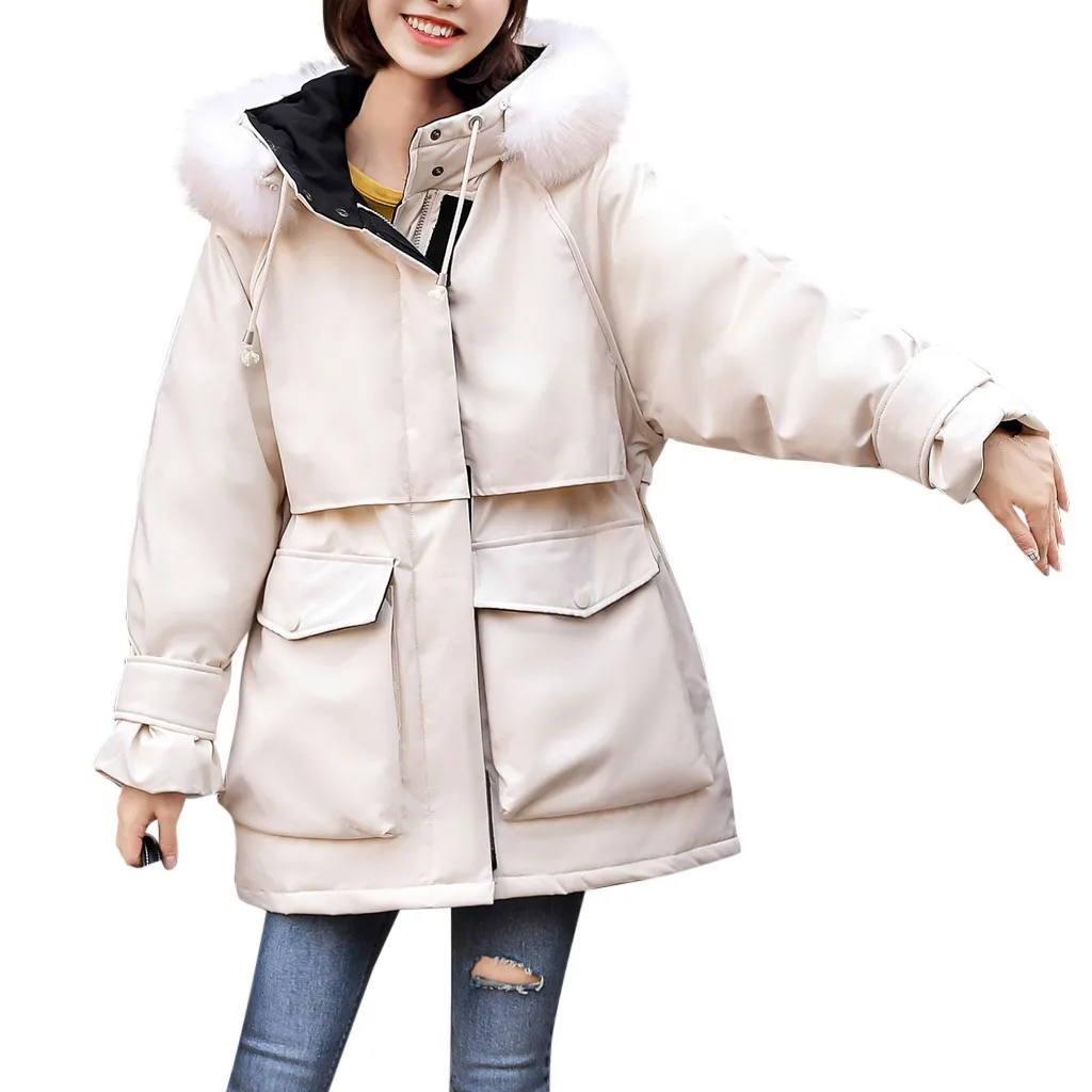 

Soild With Fur Collar Hooded Ladies Coat Big Pockets Winter Jacket Women Long Parka Warm Jacket For Women