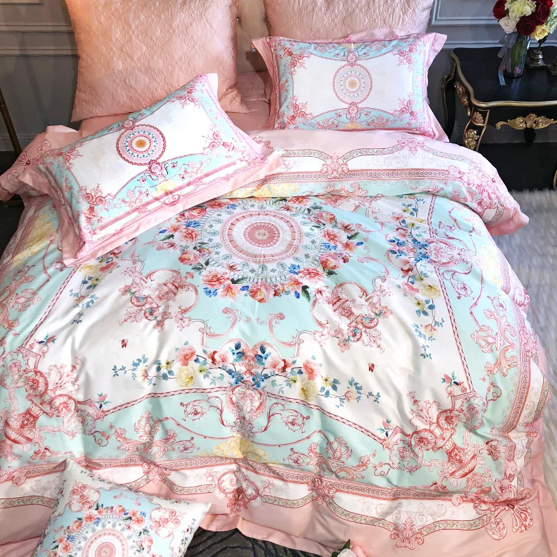 80S роскошный комплект постельного белья принцессы из египетского хлопка, 4 шт., размер King queen, пасторальная простыня, пододеяльник, наволочка, розовый цвет