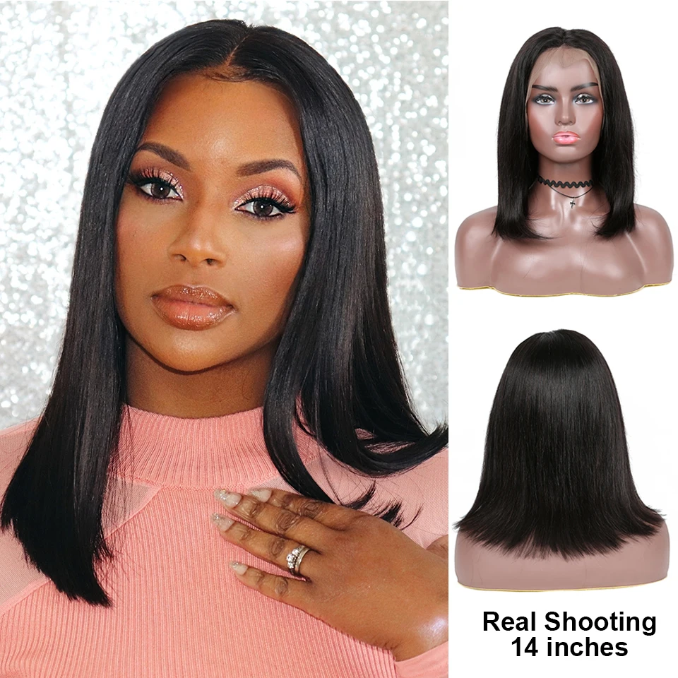 Yyong 13×4 Blunt Cut Bob Wig Short Lace Front Wigs Straight Bob Wigs With Baby Hair 4X4 Closure Bobg