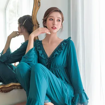 

Sweet Modal Gauze Long Sleeve Women's Pajamas Sets V-Neck Vintage Princess Lace Pyjamas Girls Cute Nightwear