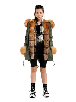 GĂŒnstige Natural Real Fox Fur Jacke Coat Real Fox Fur Collar Cuff Hooded Coat Short Parka Long Camouflage Winter Jacket