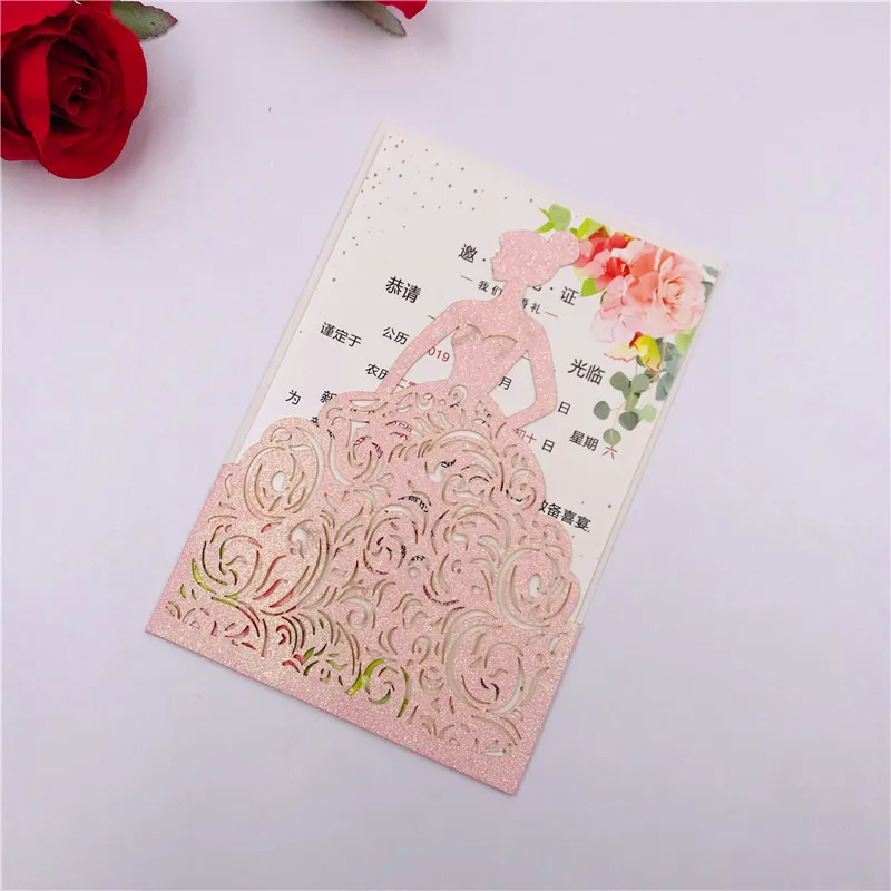 pink glitter 10 шт. свадебные пригласительные открытки принцессы конверт с лазерной резкой Пригласительные открытки Quinceanera sweet 16 15 - Цвет: pink glitter