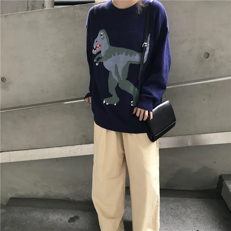 С рисунком в виде динозавра свитер Harajuku больших размеров Повседневное Осенне-зимняя Дамская обувь свитеры с высоким воротом свободный плотный детский пуловер верхняя одежда забавные вязаные V879