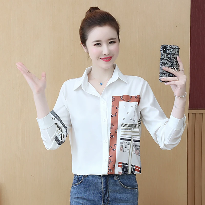 

COIGARSAM Casual Print Shirt Womens tops New Spring Full Sleeve Chiffon Loose Straight Women shirts White 6290
