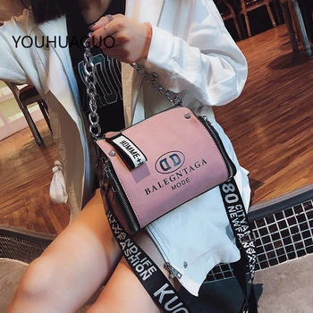 

Scrub Leather Messenger Bag 2019 New Fashion Women Handbags Letter Wide Strap Chains Design Bucket Shoulder Bag
