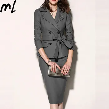 

Autumn Business Suit Elegant Office Work Dress Stretch Slim Sexy Wiggle Pencil Dress Suit 2 Pieces Set solid color Formal Suits