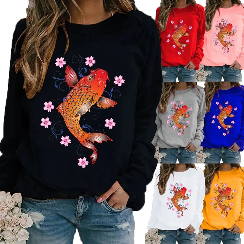 

Auttumn and Winter Sweater Solid Color Fashion Printing Motion Long Sleeve Ladies Pullover Shirt Casual Shirt Plus Size Tops