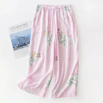 

Casual Soft Cotton Sleepwear Pajamas Women's Sexy Summer Sleep Buttoms Lounge Wide Leg Thin Loose Printed Flower Home Clothing