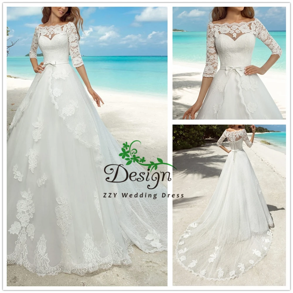 

2019 Romantic 3/4 Sleeves Scoop Zipper Up Ball Gown Robe De Mariee 2019 Appliques With Bow Wedding Dresses With Detachable Train