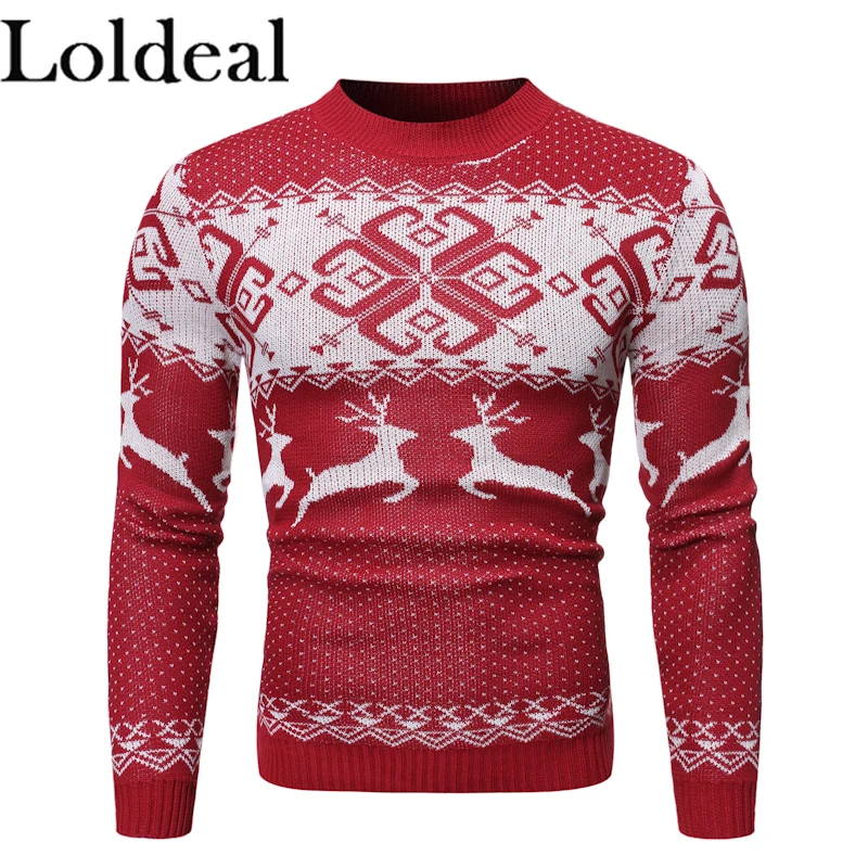 

Loldeal Men Sweater Fashion Round Neck Long Sleeve Snowflake Deer Batik Slim Knit