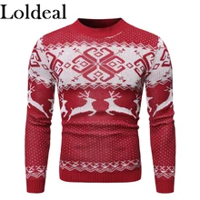 Loldeal Men Sweater Fashion Round Neck Long Sleeve Snowflake Deer Batik Slim Knit