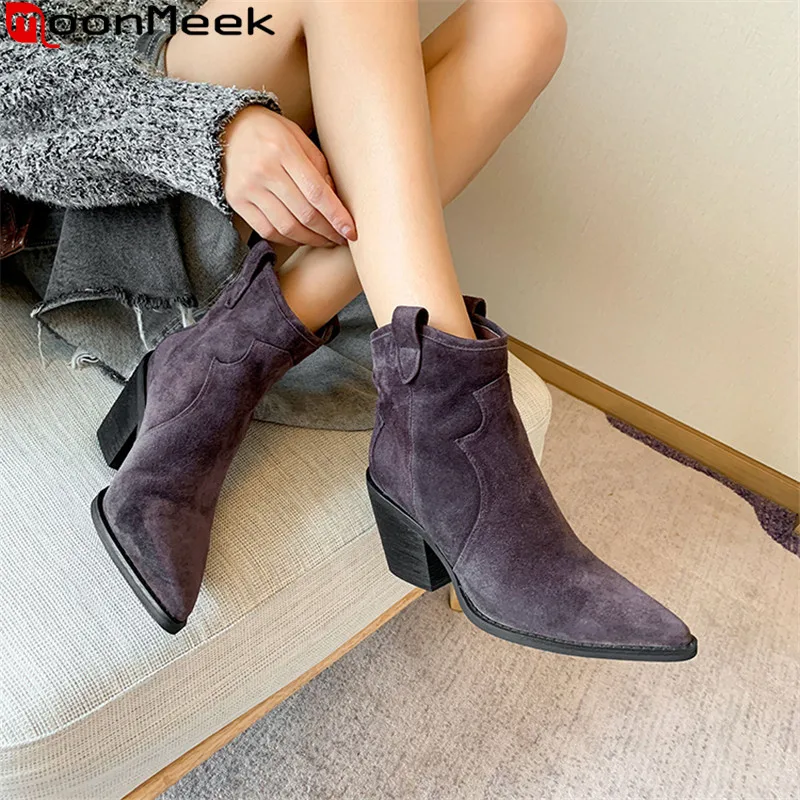 

MoonMeek 2020 new ankle boots pointed toe slip on suede leather boots thick high heels ladies prom autumn winter boots big size