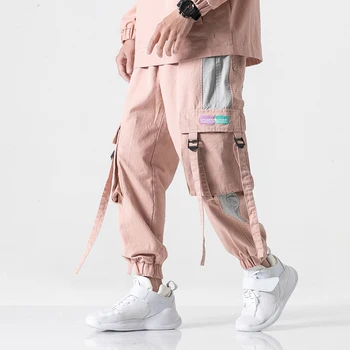 

Top Quality Cargo Pants Men Streetwear Hip Hop Pink Loose Pockets Cotton Elastic Waist Pants