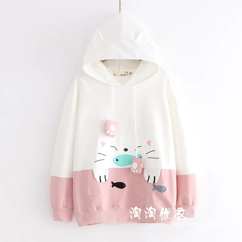Осенняя Женская толстовка в японском стиле Kawaii, толстовка с капюшоном, кошка ест, принт в виде рыбы, Студенческая, подростковая, свободная, с длинными рукавами, с капюшоном, топы на завязках