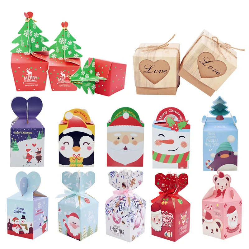 

5/10pcs Christmas Candy Box Cartoon Paper Gifts Packing Bags Christmas Tree Gift Box With Bells DIY New Year Xmas Party Supplies