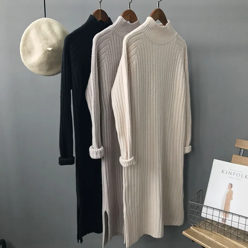 

2019 new sweater half-high collar sweater women loose straight women sweater wool knit long sweaters dress winter sweater