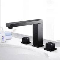 อ่างล้างหน้าก๊อกน้ำอ่างล้างหน้าก๊อกน้ำสีดำทองเหลือง3หลุมคู่หรูหรา Bathbasin อ่างอาบน้ำ Tap Cold Mixer น้ำ 2