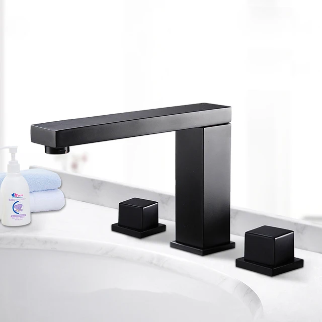 อ่างล้างหน้าก๊อกน้ำอ่างล้างหน้าก๊อกน้ำสีดำทองเหลือง3หลุมคู่หรูหรา Bathbasin อ่างอาบน้ำ Tap Cold Mixer น้ำ 2