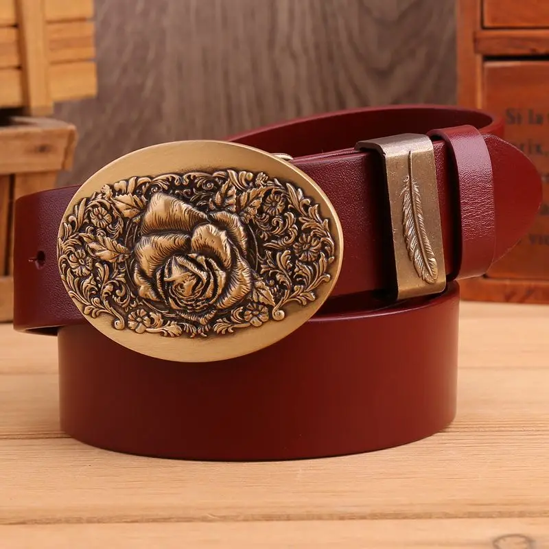 2020 flower belt men high quality full grain cowhide genuine leather waist belt 3.8 cm wide strap belts for women luxury leaf