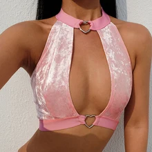 Sexy Shiny Crop Top Women Camisoles Halter Backless Short Top Deep V Neck Party Club Tops Shining Lace Up Camis Vest