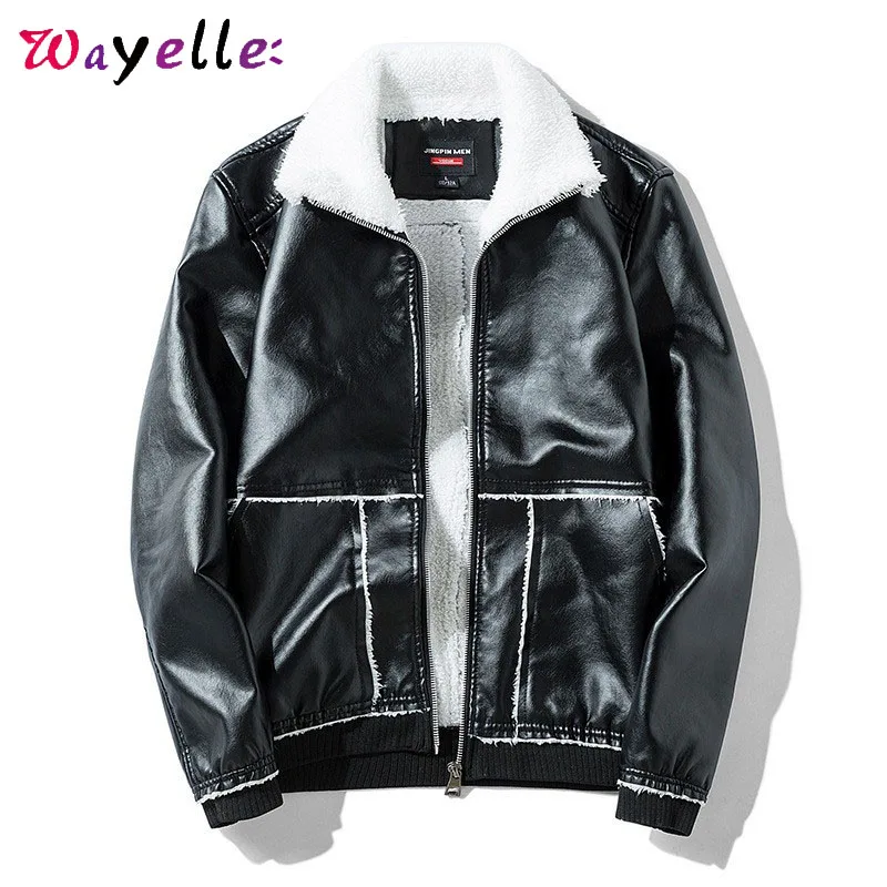 

Faux Leather Jacket Men 2019 Winter Thick Fleece PU Men Leather Jacket Solid Pockets Warm Chic Faux Leather Jacket Men