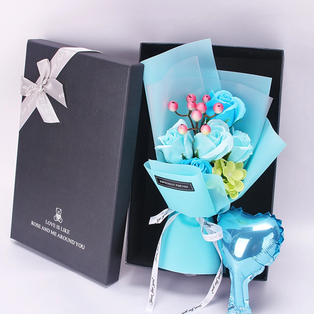 DIY Home Gift Box Bath Artificial Flower Rose Bouquet Scented Soap Valentines Day Simulation Wedding Decoration Party Handmade - Цвет: Синий